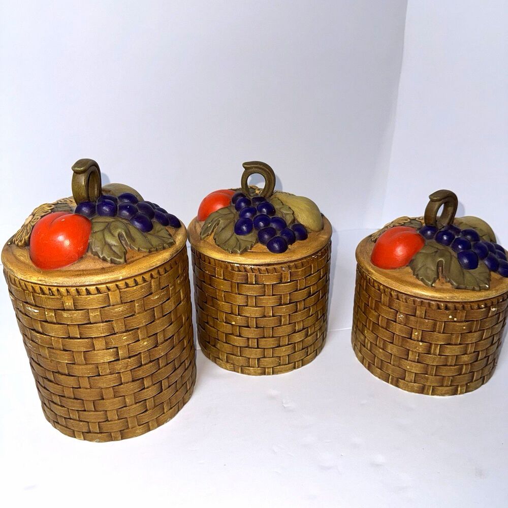 Vintage Kitchen Ceramic Basket-Weave Canister Set of 3 Fruit Pattern Lids, 7 in